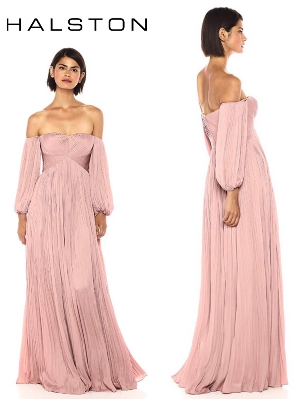 HALSTON HERITAGE Off-the-Shoulder Pleated Gown